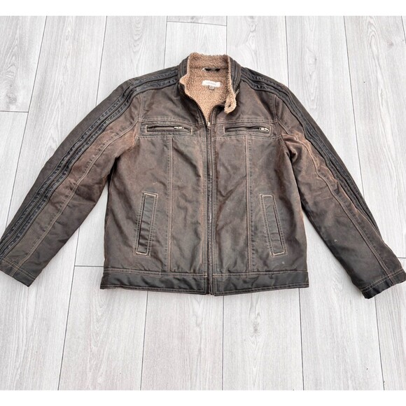 Sundance Men's Bomber Biker Jacket Brown Faux Fur Leather Trim Zip Front Size M - Picture 2 of 10